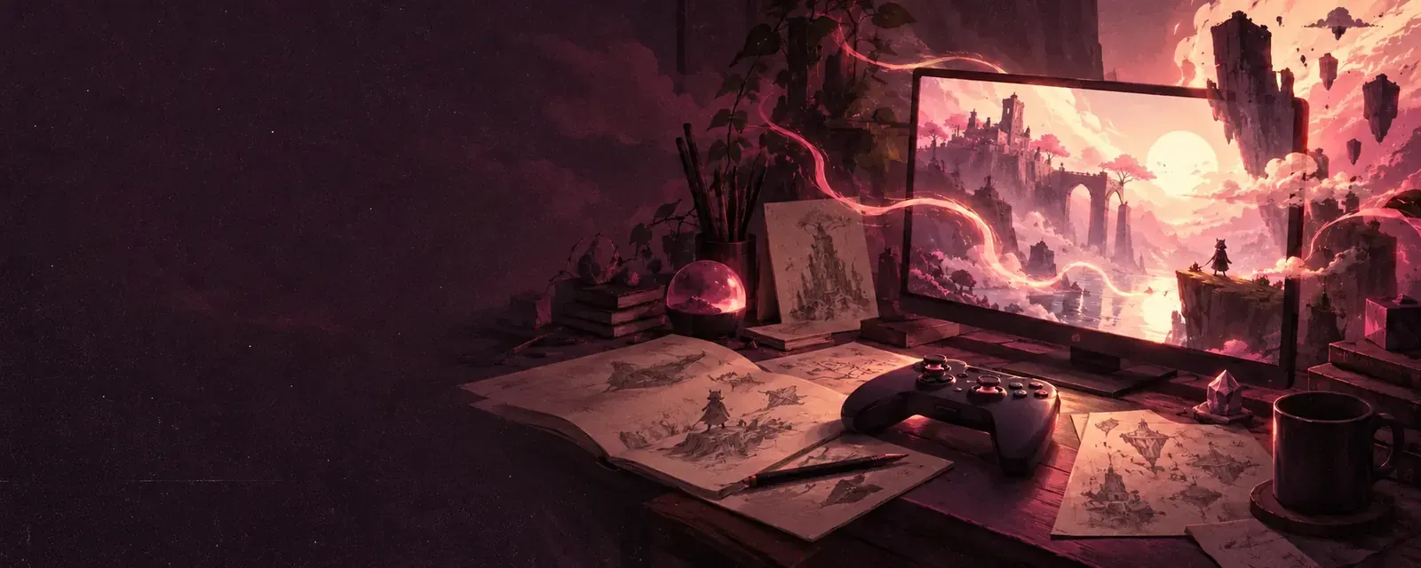 Ilustração de uma mesa de desenvolvimento com esboços, um controle e um videogame na tela